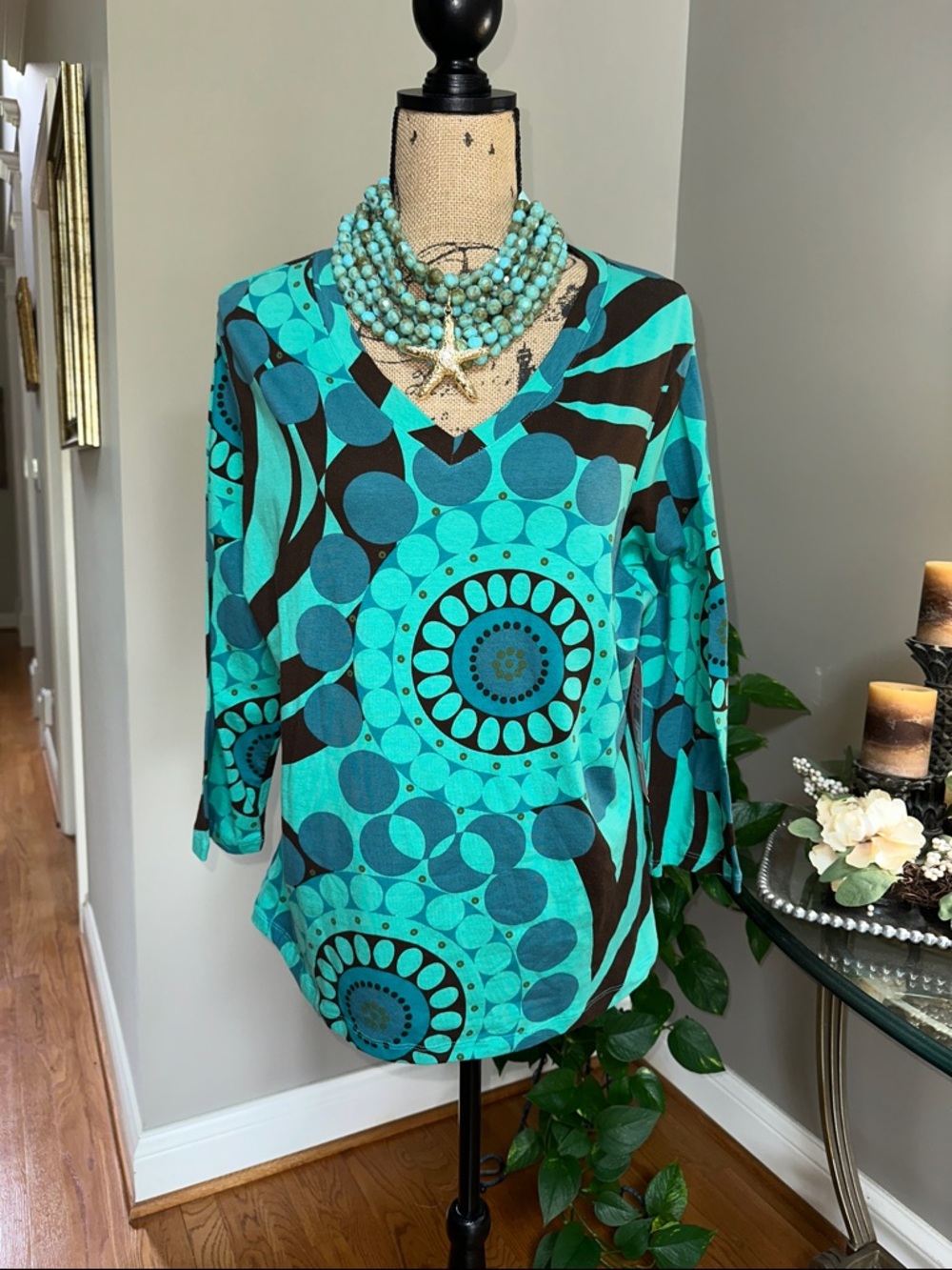 Turquoise Green V-Neck Long Sleeve Print Top size XL NWT